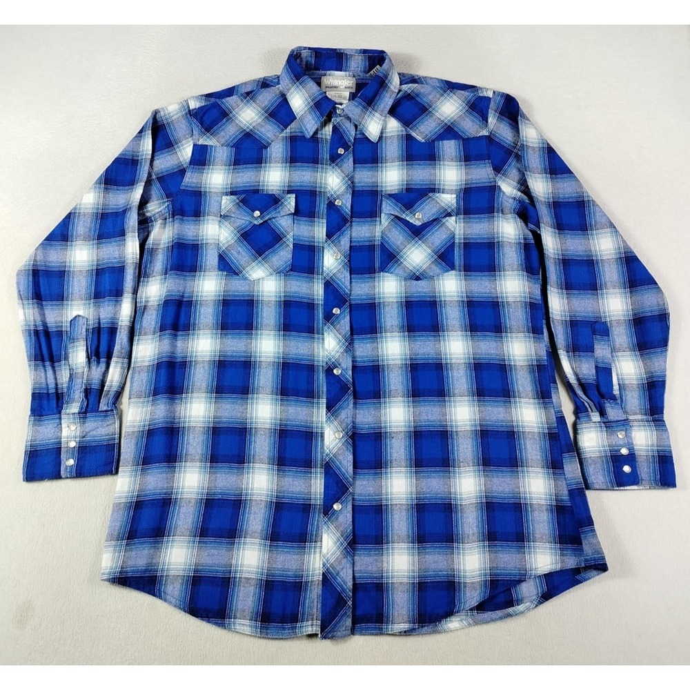 Wrangler Flannel Shirt Mens XLT Blue Plaid Pearl Snap Westerncore Cowboycore